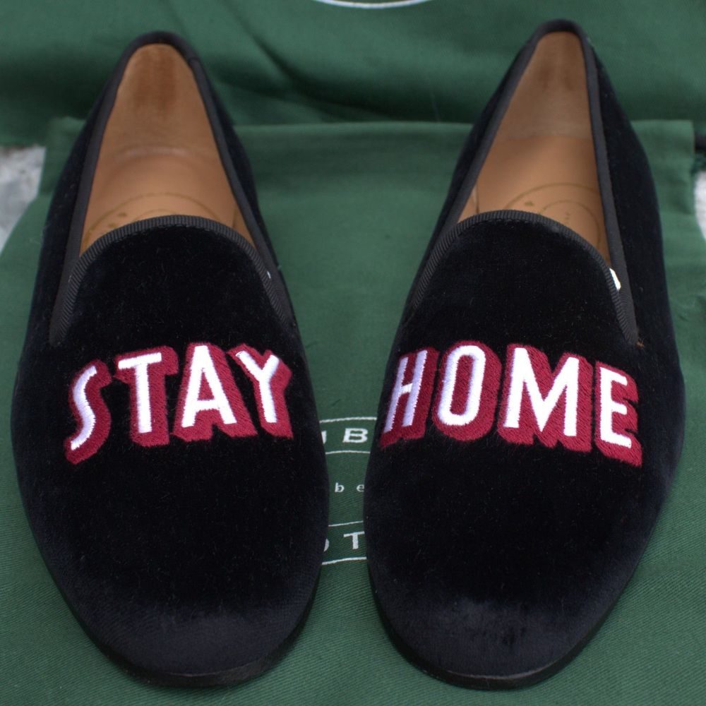 NIB | Stubbs & Wootton RARE Stay Home Embroidered Slipper | Black Velvet | Wmn 7